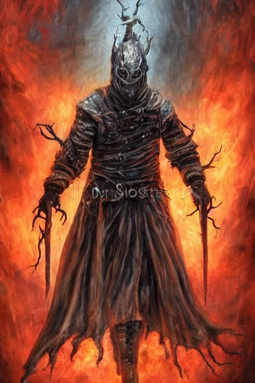 Image similar to a full body high detail fantasy portrait oil painting illustration of slipknot band bloodborne by justin sweet with face and body clearly visible, in a scenic background, insane, realistic proportions, d & d, rpg, forgotten realms, artstation trending, high quality, sombre mood, artstation trending, muted colours, entire person visible!