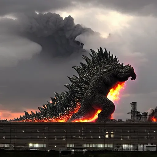 Image similar to godzilla attacking fukushima daiichi unit 4, dramatic lighting