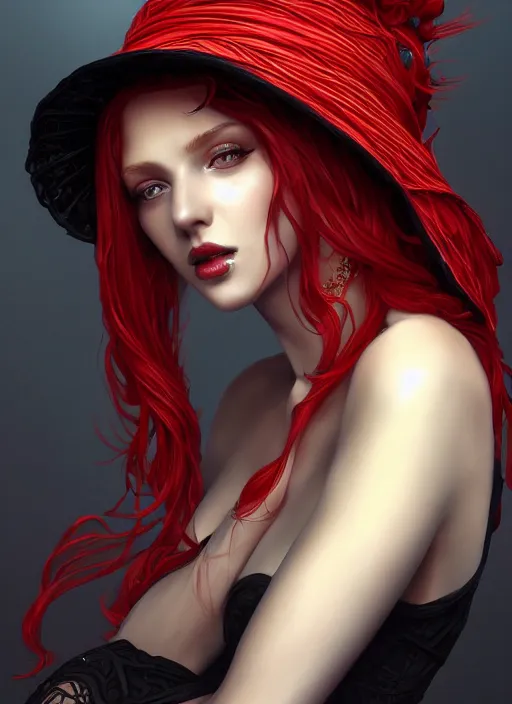 Image similar to a highly detailed illustration of tall beautiful red haired lady wearing black spaghetti strap noir style dress and sun hat, elegant stroking face pose, intricate, elegant, highly detailed, centered, digital painting, artstation, concept art, smooth, sharp focus, league of legends concept art, wlop.