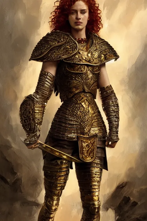 Prompt: full body portrait of a rugged female warrior short length red curly hair and a very highly detailed face wearing elegant obsidian, sliver and gold plate mail armor intricately painted, holding an ancient two hand great sword, very highly detailed, artstation, cgsociety, realistic character concept art, sharp focus, by greg rutkowski, artgerm, and alphonse mucha