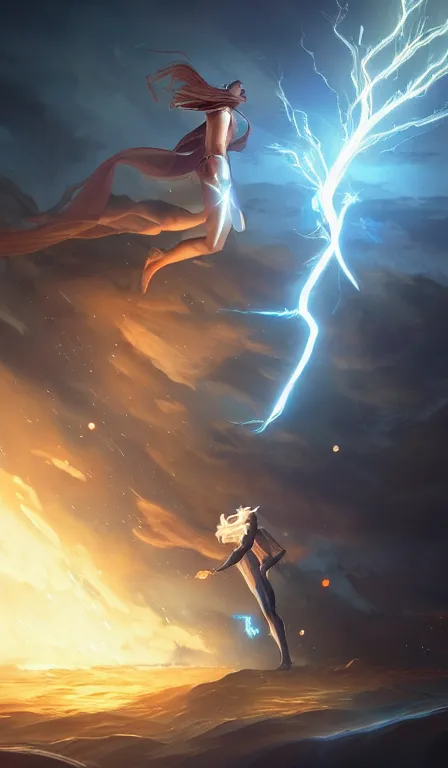 Image similar to the god zeus, lightning, action, epic, close up, sharp focus, digital art, concept art, dynamic lighting, character design by anna dittman, and rossdraws, environment design by jessica rossier