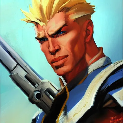 Image similar to greg manchess portrait painting of guile from street fighter as overwatch character, medium shot, asymmetrical, profile picture, organic painting, sunny day, matte painting, bold shapes, hard edges, street art, trending on artstation, by phil hale and gil elvgren and gerald brom