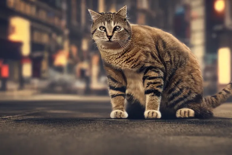 Image similar to professional close-up photo of a cat on the busy streets of a dystopian futuristic city with pedestrians, 4k, octane render, Unreal Engine