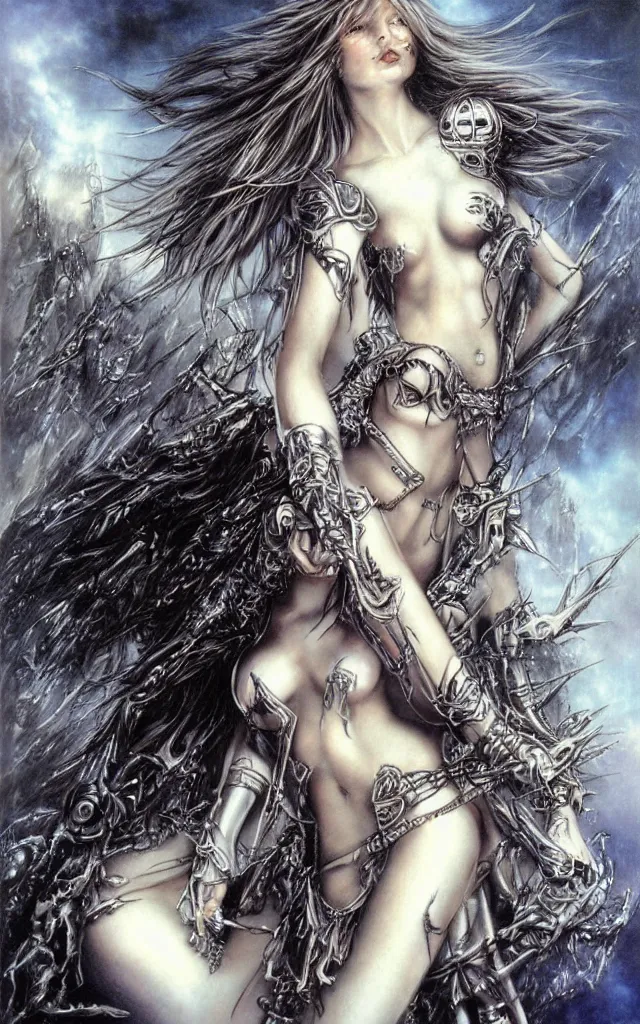 Image similar to sky heavy metal airbrush fantasy 80s by luis royo, masterpiece