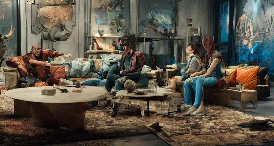 Image similar to impressive small cinematography scene featuring bio - punk aesthetic furniture. close shot of characters discussing an important topic. film still from the new live - action adventure movie. special effects from the studios called industrial light & magi, imageworks, rhythm & hues, weta, blur studio, blue sky studios, sony pictures.