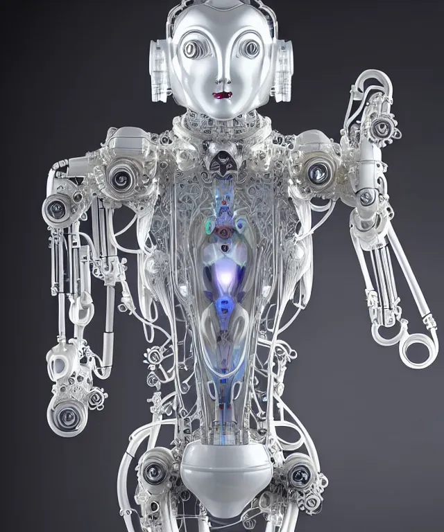 Image similar to beautiful cybernetic art nouveau robot, beautiful art nouveau porcelain face + body is clear plastic, inside organic robotic tubes and parts, silver ganesha, symmetric, front facing, wearing translucent baroque rain - jacket + symmetrical composition + intricate details, hyperrealism, wet, reflections + by alfonse mucha and moebius, no blur dof bokeh