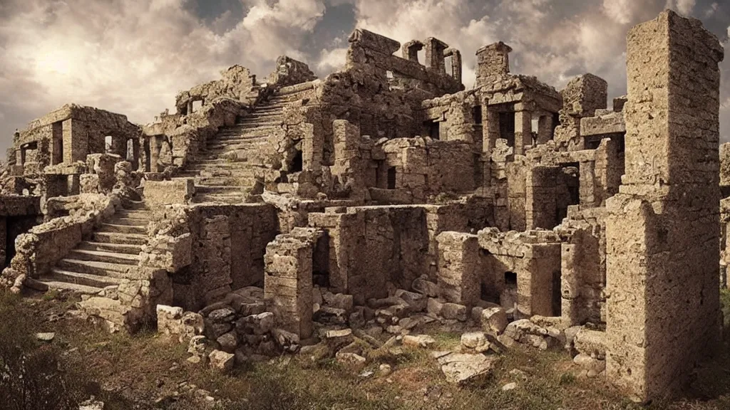 Prompt: surreal ancient ruins with a stairway to heaven, photography by michal karcz and zhang kechun