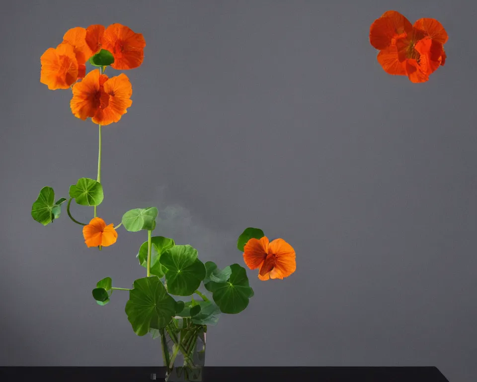Image similar to photorealistic still life arrangement of a flowering nasturtium surrounded by blueish smoke with soft light coming from a window in a very dark room