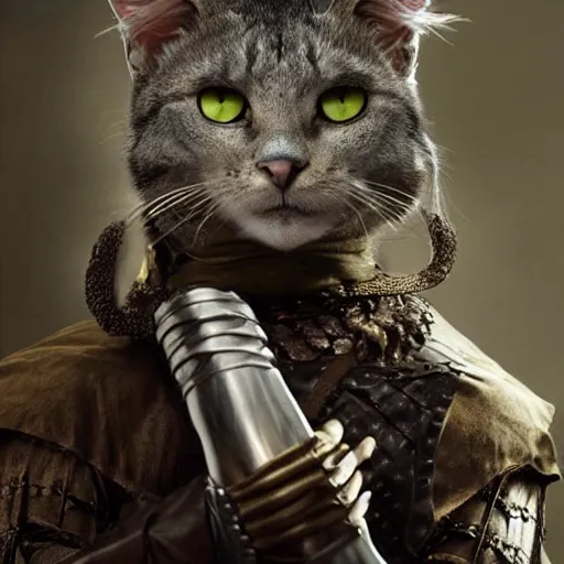 Prompt: medieval fantasy head and shoulders portrait photo of an anthropomorphic cat warrior, photo by philip - daniel ducasse and yasuhiro wakabayashi and jody rogac and roger deakins