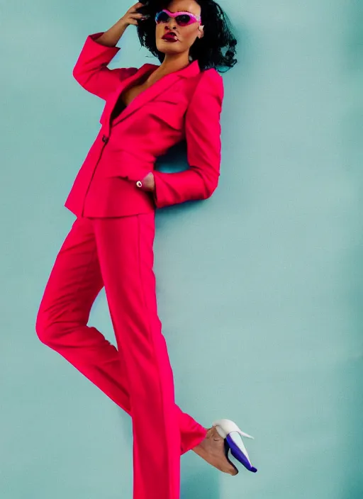 Prompt: trouser suit for a rave, bright colors, photo for a magazine, photo for a store, fashion photography, Vogue, 135 mm, cinematic, high detail, 8k, dynamic pose,Smooth skin