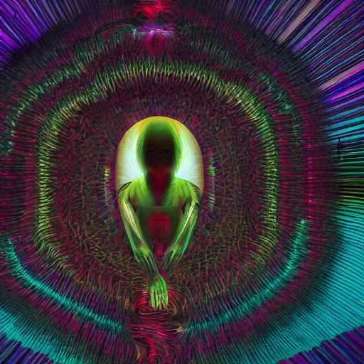 Prompt: - a therianthrope emerging out of dark matter in the style of alex grey - cinematic lighting 8 k octane render