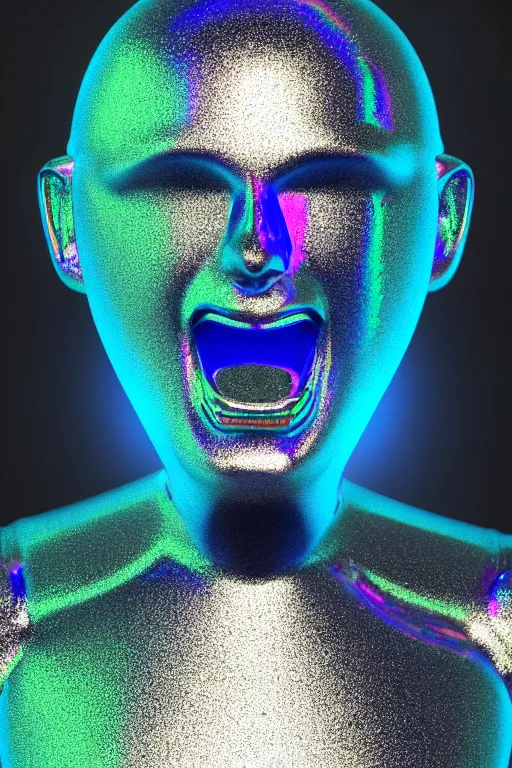 Image similar to 3d render of holographic angry human robotic screaming angry bust made of glossy iridescent, screaming, bust, surrealistic 3d illustration of a human non-binary, non binary model, 3d model human, cryengine, made of holographic texture, holographic material, holographic rainbow, concept of cyborg and artificial intelligence