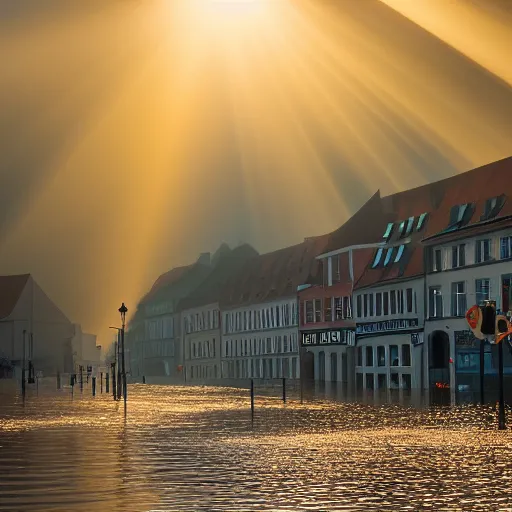 Image similar to award-winning photograph of a german town being flooded, dramatic lighting, hazy atmosphere, god rays, wide focal length, Sigma 85mm f/2, golden hour, sunset, shimmering water, dramatic perspective