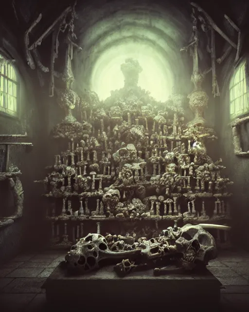 Image similar to full color, low ultrawide interior shot of sedlec ossuary, bones, anime style mixed with fujifilm, dark, foggy, atmospheric, artstation, cgsociety, octane render, cgi, denoise, detailed, cinematic masterpiece