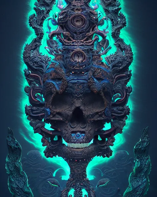 Image similar to 3 d ornate carved dark cosmic spirit with profile portrait, sigma 5 0 0 mm f / 5. beautiful intricate highly detailed quetzalcoatl skull. bioluminescent, plasma, lava, ice, water, wind, creature, thunderstorm! artwork by tooth wu and wlop and beeple and greg rutkowski, 8 k trending on artstation