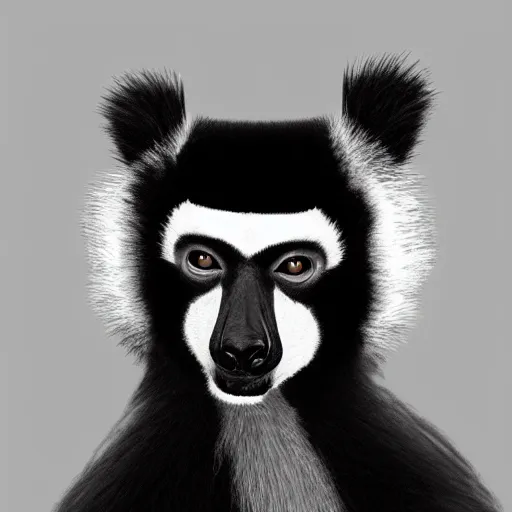 Prompt: portrait of a black and white ruffed lemur, digital painting, highly detailed, trending on artstation