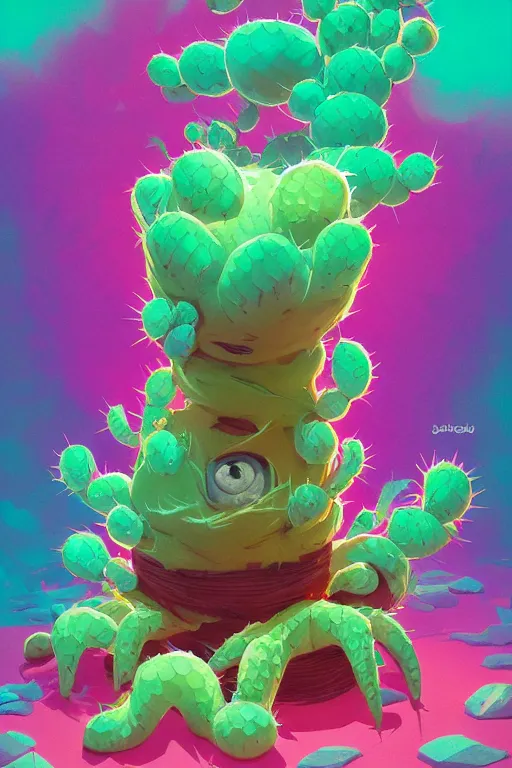 Image similar to roots cactus sushi cristal smurf ghost creature animal sushi cristal very big eye roots cactus elemental flush of force nature micro world fluo fishscale, behance hd by jesper ejsing, by rhads, makoto shinkai and lois van baarle, ilya kuvshinov, rossdraws radiating a glowing aura global illumination ray tracing hdr