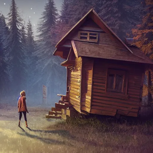 Image similar to woman leaving her wooden broken house by simon stålenhag, very highly detailed, award winning, rendered by Beeple, by Makoto Shinkai, syd meade, starwars, space art concept, digital art, unreal engine, blender, WLOP, trending on artstation, 4K UHD image, octane render