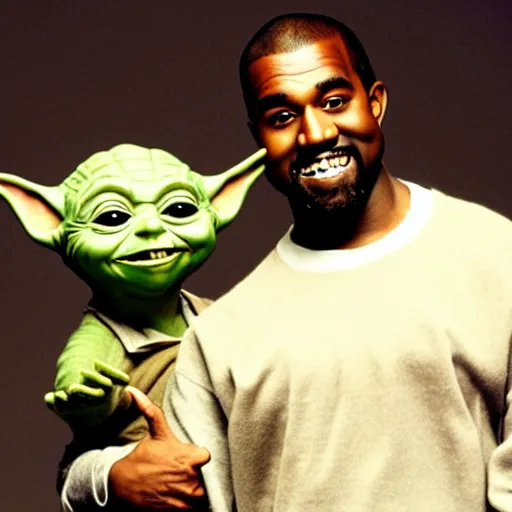 Image similar to kanye west smiling and holding yoda yoda for a 1 9 9 0 s sitcom tv show, studio photograph, portrait