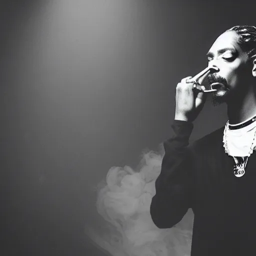 Image similar to a dramatic photograph of snoop dog smoking a joint while contemplating a magical portal to the beyond, ground haze, dramatic lighting, filmic, cinematographic