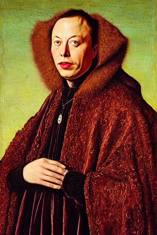 Image similar to portrait of elon musk, oil painting by jan van eyck, northern renaissance art, oil on canvas, wet - on - wet technique, realistic, expressive emotions, intricate textures, illusionistic detail