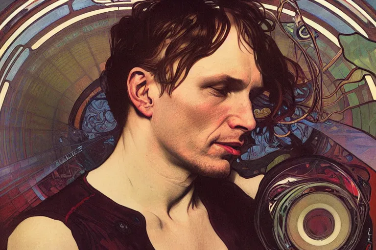 Image similar to hyper realistic portrait of the bends singer songwriter, by lee bermejo, alphonse mucha and greg rutkowski