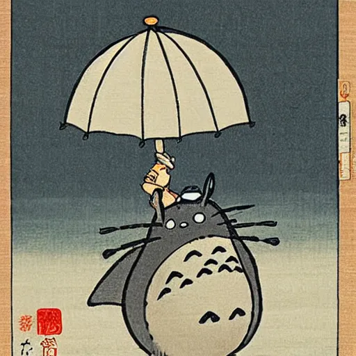 Prompt: Totoro is holding an umbrella in the rain, ukiyo-e