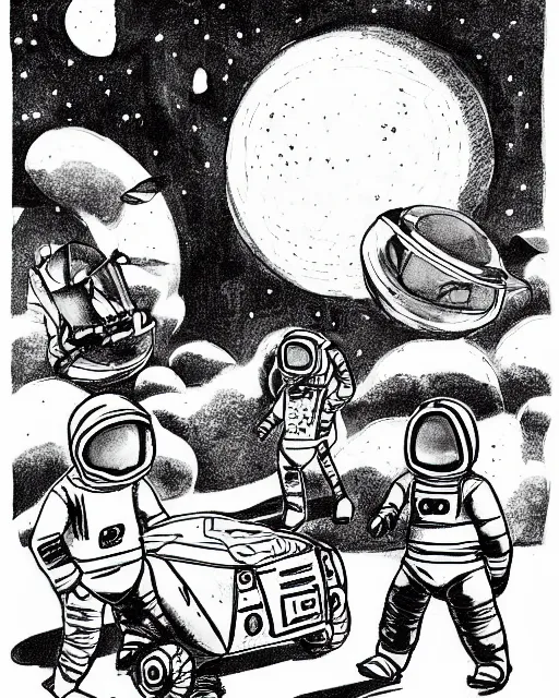 Prompt: astronauts with a moon buggy on an undiscovered alien planet illustrated by kim jung gius, black and white, ink drawing