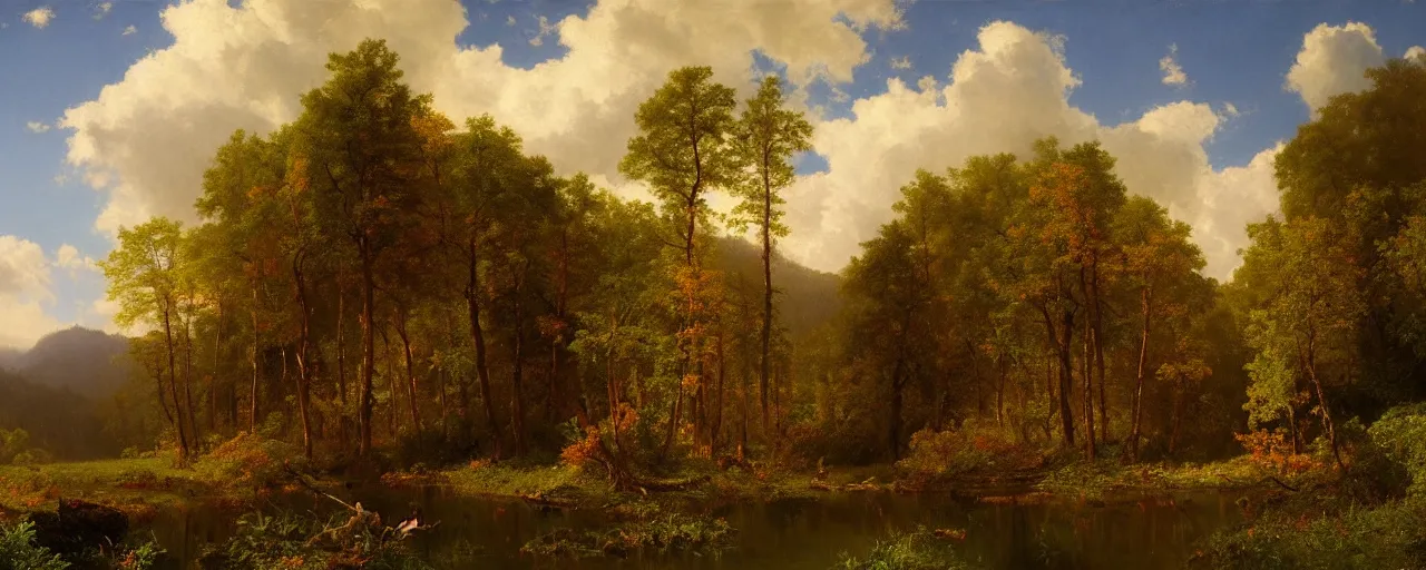 Image similar to beautiful forest scenery, distant mountains, river flowing through the verdant underbrush, distant clouds, cloud shadow, late autumn, painting by albert bierstadt and thomas cole