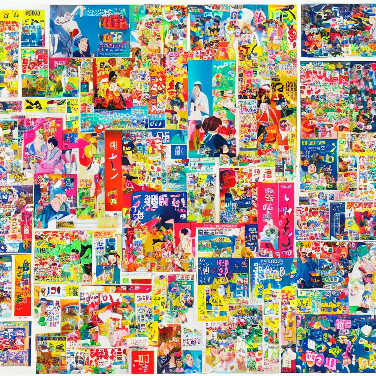 Image similar to an overwhelmingly detailed and colorful japanese magazine page of advertisements