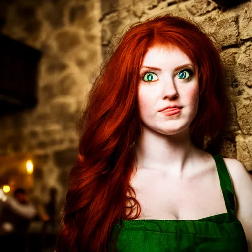 Image similar to beautiful bar maid with auburn hair and green eyes, in a medieval tavern at night, dramatic, cinematic, filmic, 7 5 mm, f / 1. 8