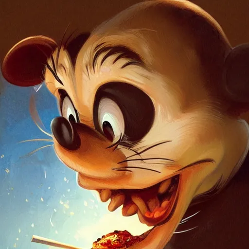 Image similar to portrait of Mickey mouse opening his mouth to eat pizza, highly detailed, digital painting, artstation, concept art, sharp focus, illustration, art by artgerm and greg rutkowski and alphonse mucha