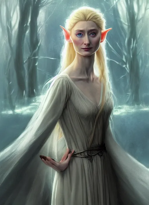 Image similar to beautiful elf elizabeth debicki as galadriel, lord of the rings, lotr fanart, trending on artstation, character art, the hobbit, digital painting, concept art, smooth, sharp focus, illustration, art by artgerm and greg rutkowski, radiant light,