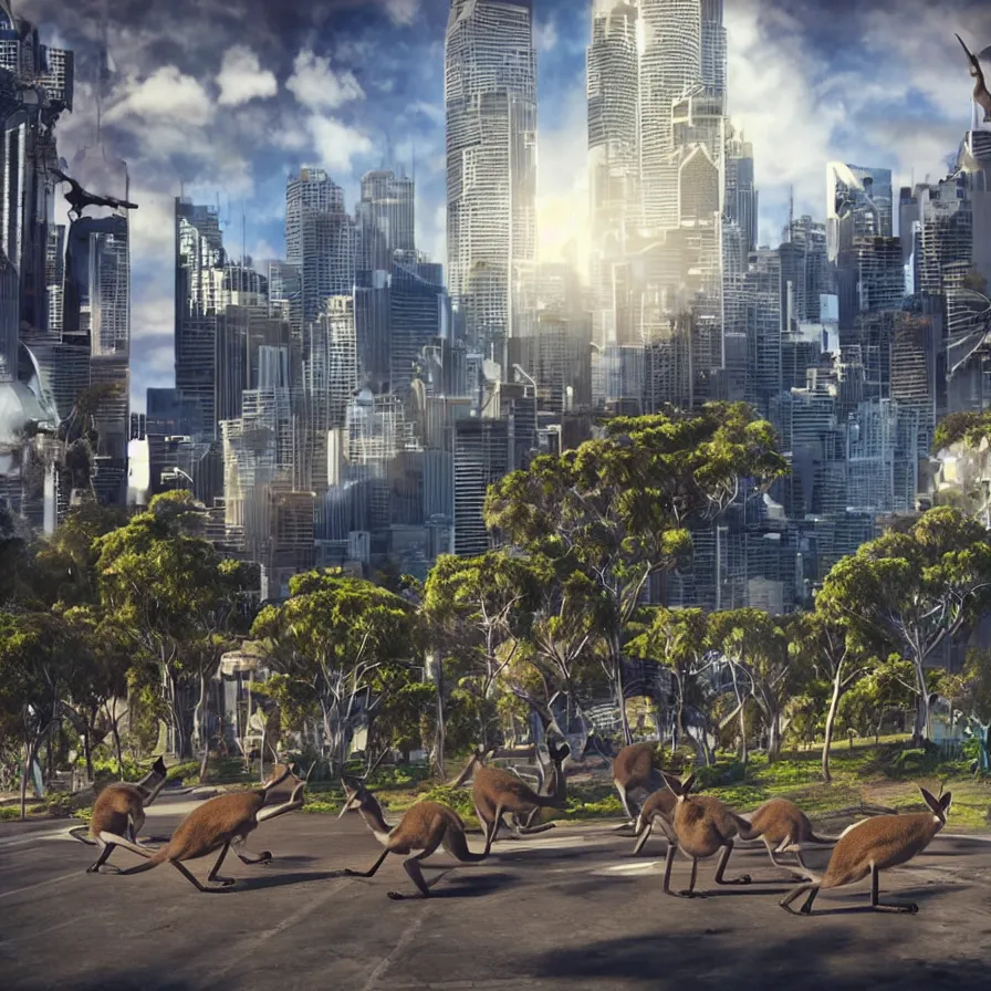 Image similar to sydney invaded by kangaroos in the future, hyperealistic very colourful hdr cinematic lighting cgi render photorealistic cinematic octane render