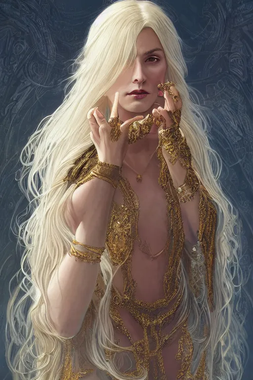 Prompt: fullbody!! of a beautiful woman with long white hair, big natural horns on her head, long flowing intricate dress, gold jewellery, dnd, face, fantasy, intricate, elegant, highly detailed, digital painting, artstation, concept art, smooth, sharp focus, illustration, art by artgerm and greg rutkowski and alphonse mucha