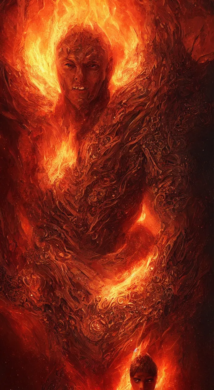 Prompt: full body concept art of human made with fire sparks by Marc Simonetti + beautiful eyes, beautiful face + symmetry face, symmetry body + border and embellishments inspiried by occult insignia, fire in the background, galaxy + highly detailed, intricate complexity, epic composition, magical atmosphere + masterpiece, award winning + trending on artstation