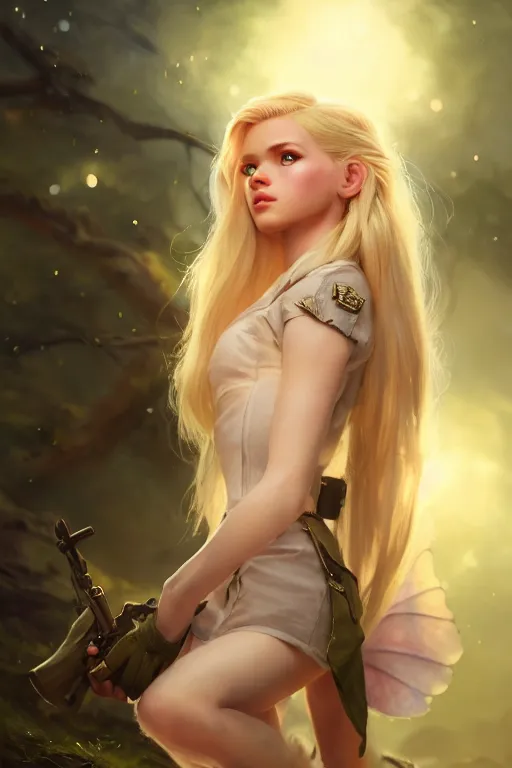 Image similar to cinematic shot of an epic portrait of a cute blonde fairy dressed in military clothes, stylised military clothes, shiny skin, beautiful eyes, beautiful, small details, night setting, realistic poster with volumetric light from craig mallism, artgerm, jeremy lipkin and michael garmash, unreal engine, radiant light, digital art, trends at art station, a masterpiece