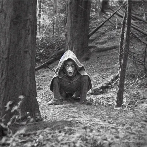 Prompt: A mysterious sighting of Goblin Asmongold in a haunted forest. 1940s photograph. El Goblino Confirmed.