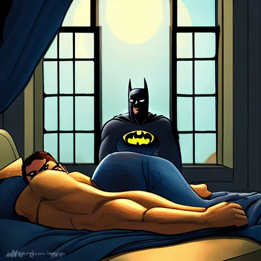 Image similar to man sleeping in bed with batman lurking menacingly in the window. artstation