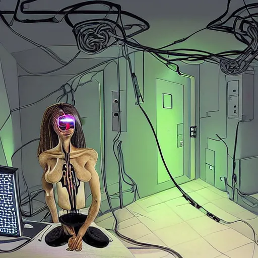 Image similar to the torso of a terminator lady with borg implants, human face and robotic snakes coming out of her head is hanging from cables and wires off the ceiling of an abandoned computer lab and plugged into a quantum computer. Her bottom half is missing with cables hanging out. She is taking a sip from a cup of coffee. Tiny green led lights in her cybernetics. very detailed 8k. cyberpunk style.