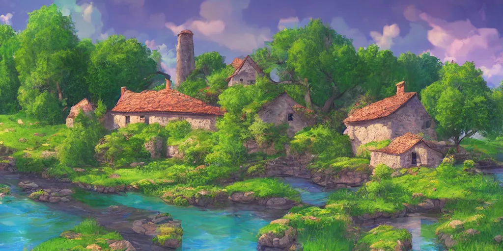 Image similar to a serene landscape with a small medieval stone house near a river in the style of Pixar, anime style, low saturation, high quality, highly detailed, 4k, complementary colours, cartoon