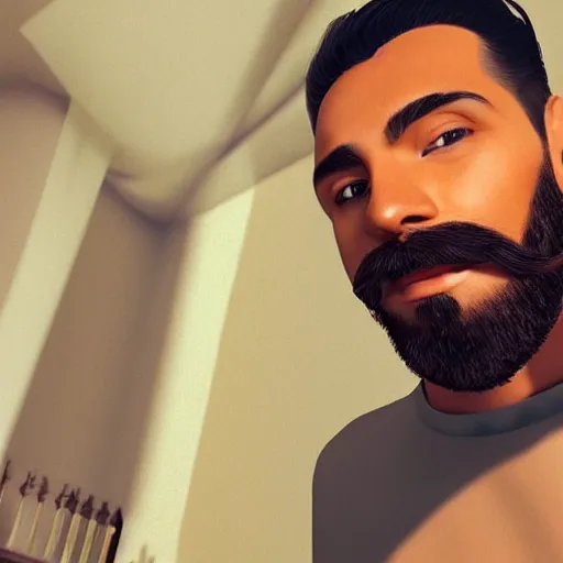 Image similar to Instagram Selfie of a handsome Latino male with tan shiny skin, well-gelled hair, a moustache and beard, first-person view, photorealistic imagery, trending on artstation, 4k, 8k