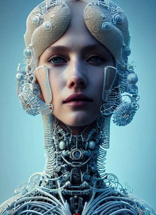 Prompt: portrait of an absurdly beautiful, graceful, sophisticated, fashionable cyberpunk mechanoid, hyperdetailed illustration by irakli nadar and vania zouravliov, matt wisniewski style, intricate linework, white porcelain skin, faberge, coral reef headdress, unreal engine 5 highly rendered, global illumination, radiant light, detailed and intricate environment