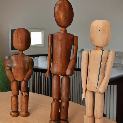 Image similar to a real estate home interior photo. a wooden mannequin family,