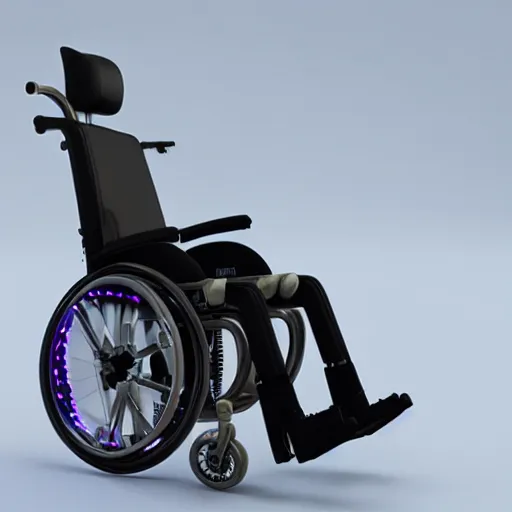 Image similar to a 3d render of a cyberpunk wheelchair, ultra detailed, realism, 8k, octane render, unreal engine