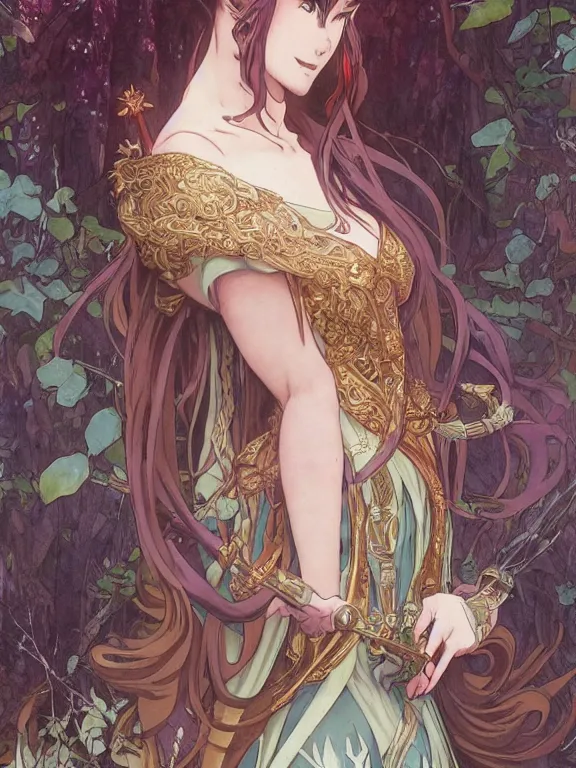 Image similar to anime key visual of amora the enchantress with her back to the camera wearing a medieval gown!! intricate, magical forest, stunning, highly detailed, digital painting, artstation, smooth, hard focus, illustration, art by artgerm and greg rutkowski and alphonse mucha