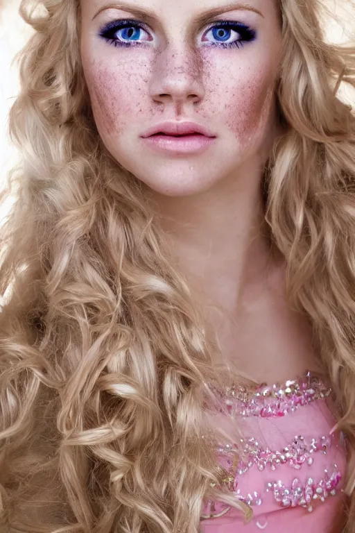 Prompt: close up headshot of a princess with long blonde hair and light blue eyes wearing a strapless elaborately beaded pink dress, high resolution film still, 8k, HDR color, film by Simon Langton and David Frankel, triangular face, very light freckles, round narrow chin, straight jawline, natural lips, high cheekbones, beautiful gazing eyes