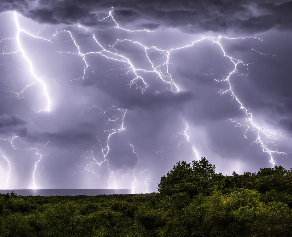 Prompt: Gigantic storm heading towards a beautiful landscape, incredible lightning, wallpaper 8k