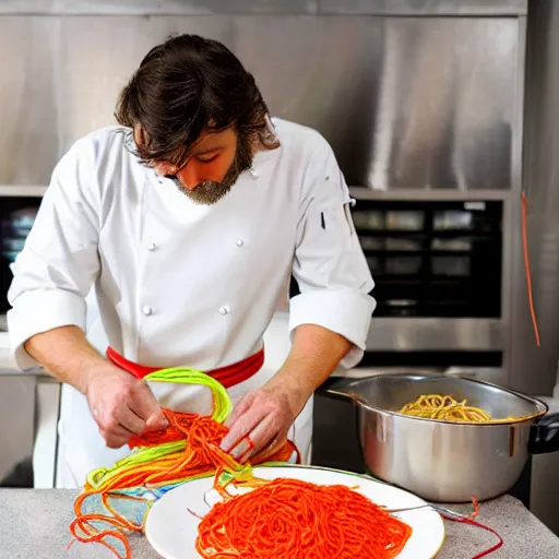 Image similar to italian chef cooking a plate of colorful yarn like spaghetti