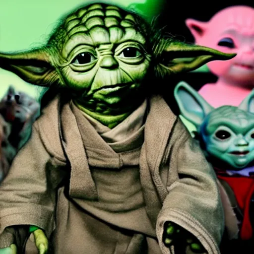 Prompt: Yoda surrounded by evil killer dolls 8k hdr movie still